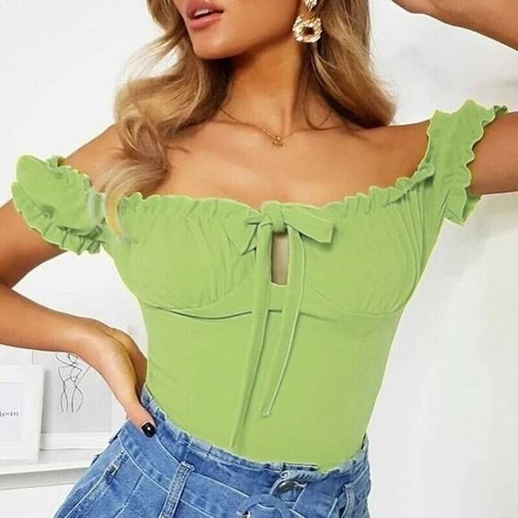 NEW Ruffled Off Shoulder Tie Key Hole Bodysuit Puff Sleeves Snap Crotch S Green - Picture 1 of 14
